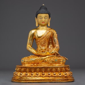Sacred Amitabha Buddha Sculpture for Altar | 24K Gold Gilded Copper with Acrylic Detailing | Sculpture for Meditation, Altar & Home Decor