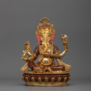 Sri Ganesh Statue | 9.1 Inch 24K Gold Gilded Oxidized Copper Sculpture for Prosperity and Protection | Sacred Hindu Art and Craftsmanship
