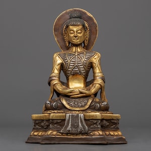 Fasting Buddha Shakyamuni Statue | Buddhist Sculpture of Gautama Buddha | Himalayan Traditionally Hand-Carved Artwork | 24k Gold Gilded