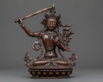 Manjushri Statue "Sweet Glory" | Compassionate Bodhisattva Monju Figure | Original Hand-Crafted Sculpture of Wisdom Deity | Nepali Craftsmen
