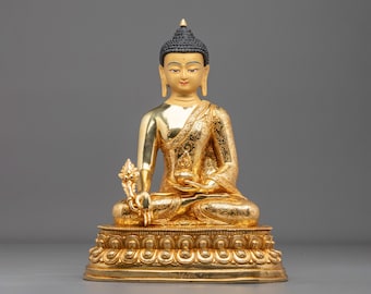 24K Gold Gilded Medicine Buddha Statue | Bhaisajyaguru Sculpture of Healing Wisdom and Compassion | Handmade Himalayan Buddhist Altar Art