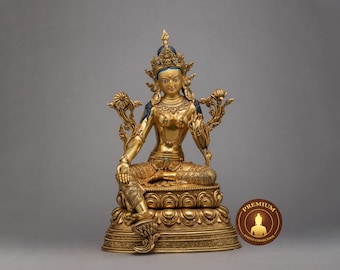 Traditionally Hand-carved Green Tara Statue | Tibetan Mother Drolma | Buddhist Compassion Deity | Himalayan Sculpture Gilded in 24k Gold