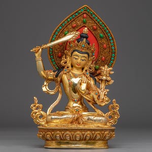 Manjushri Deity for Wisdom & Meditation | Handcrafted Copper Sculpture with Gemstones for Wisdom and Home Decor | Symbol of Knowledge