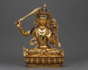 Handgemaakt Manjushri-beeldje verguld met 24-karaats goud | Koperen Bodhisattva van Wijsheid, edelstenen