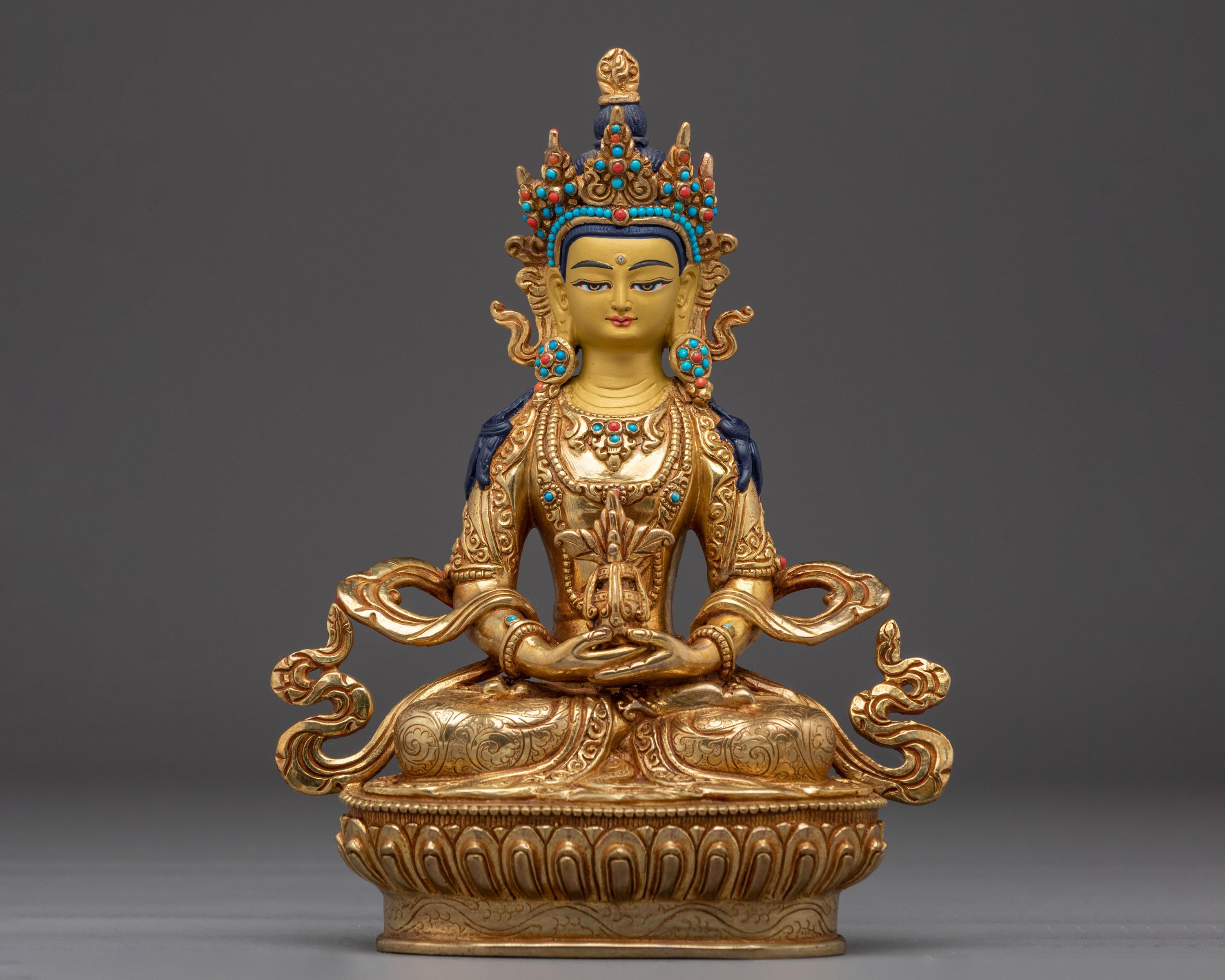 黄金の手作り阿弥陀如来像 | 高さ8.7インチ（22cm）24K金鍍金銅製長寿