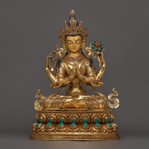 Handmade 4-Armed Chenrezig Statue 20.3” |  24K Gold-Gilded Copper Sculpture with Gemstones | Tibetan Buddhist Deity | Nepalese Art Decor