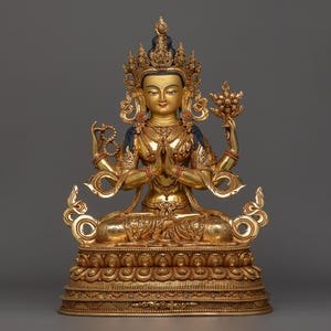 Bodhisattva Avalokiteshvara Statue | Four-Armed Handcrafted Chenrezig Statue | Deity of Compassion Figurine for Shrine, Altar, and Dharma