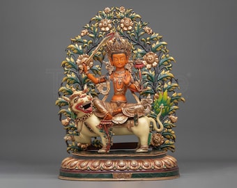 Simhanada Manjushri Sculpture | Lion’s Roar Form of the Wisdom Bodhisattva | Handmade Himalayan Buddhist Altar Art