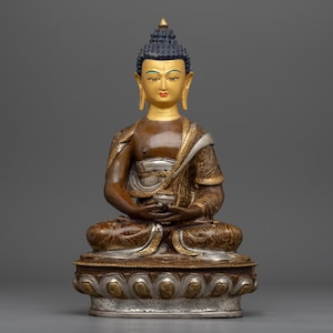 Amitabha Buddha Gold Face Statue | Handmade Himalayan Sculpture of Nepali Ancient Craftsmanship | Silver plated and Gold Gilded Figurine