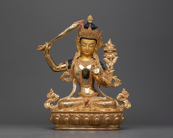 24-karaats verguld Manjushri-beeld | Handgesneden koperen sculptuur