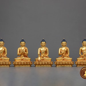 Five Dhyani Buddhas Statue Set | Gold Gilded Statue Set For Meditation | Aksobhya, Amitabha, Amoghasiddhi, Ratnasabhava, and Vairocana Deity