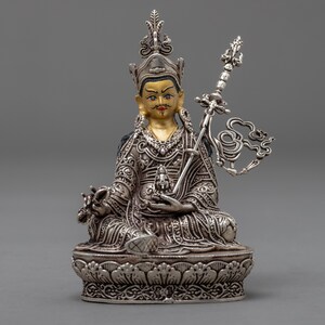 Mini Guru Rinpoche Statue | Guru Padmasambhava | Lotus Born Tantric Buddhist Master | Traditionally 24k gold Gilded on and Silver Plated