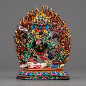 Compact Six-Armed Mahakala Statue - Tibetan Protector Deity in Gold Paint and Copper, Machine Molded for Spiritual Decor and Dharma Practice