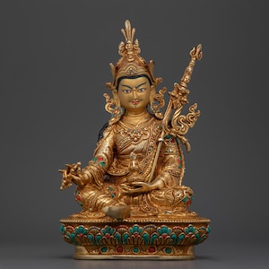 Tantric Master Guru Rinpoche Lotus Buddha Statue | 24K Gold Gilded with Hand Carved Gemstones | Tibetan Enlightenment Buddha for Dharma