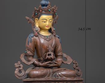 銅製 13.6インチ 阿弥陀如来像 永遠の生命を司る仏陀 | 酸化銅に金彩と