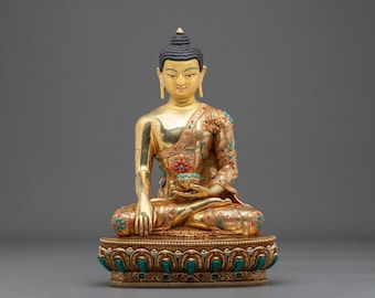 Shakyamuni Buddha 24K Gold Plated Sculpture | Teacher of Wisdom and Awakening | Himalayan Buddhist Art for Altar and Meditation