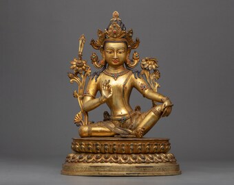 Handgesneden Manjushri-beeld | Boeddhistisch beeld van koper met 24-karaats goudverguld