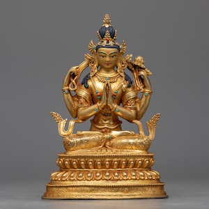 Four Armed Chenrezig Statue | Hand-carved Deity of Compassion | Boddhisattva Sculpture | Himalayan Traditional Art of Nepal, 24k Gold Gilded
