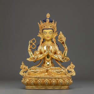 13.6” Golden Chenrezig Statue for Altar, Meditation, and Tibetan Buddhist Practice | Himalayan Handmade Decoration | Bodhisattva of Mercy