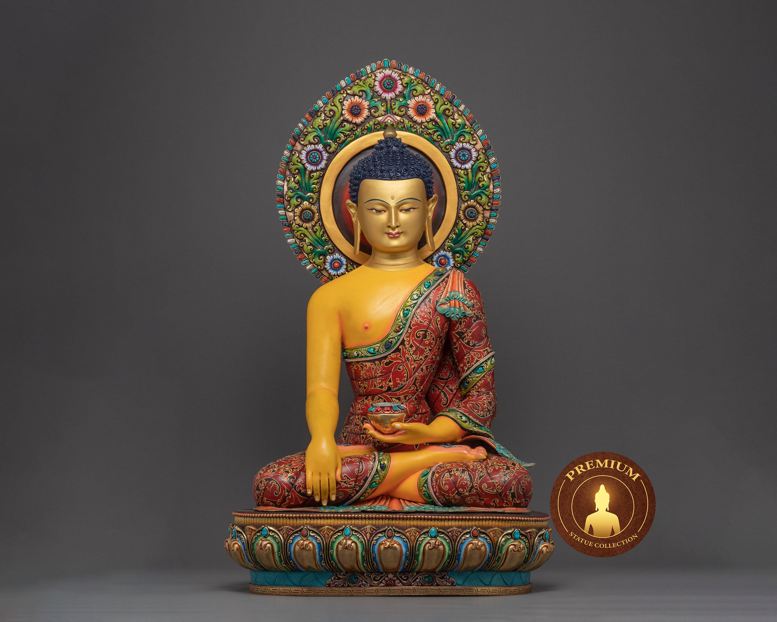 Shakyamuni Buddha Statue | Original Hand-Carved Buddhist Sculpture Founder Of Buddhism 24K Gold Gilded & Rich Acrylic Painted Art