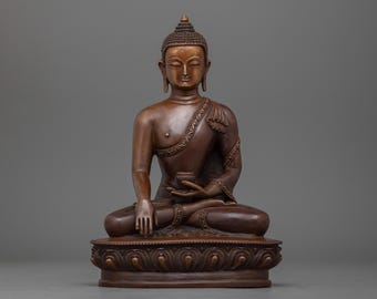 Oxidized Buddha Shakyamuni Figurine Seated In a Lotus Seat | Handcrafted Meditation Statue in Copper for Spiritual Decor and Inner Peace
