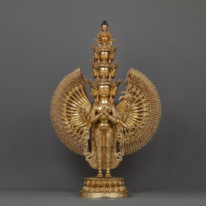 Handmade 24K Gold Gilded Himalayan Sacred Thousand Armed Chenrezig Statue | Traditional Artwork Figurine for Shrine, Altar, and Dharma Decor