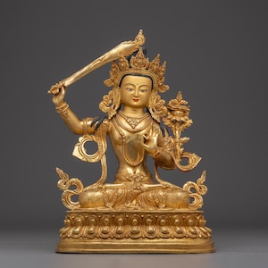 Buddhist Deity Manjushri Art for Wisdom | Gold Gilded Copper Statue | Figurine for Shrine, Altar, and Dharma Decor | Sculpture Made In Nepal
