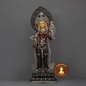 Staande groene Tara, Shyamatara-beeldje | Standbeeld van moeder Drolma in puur koper | Traditioneel Tibetaans Sgrol-ljang-beeldhouwwerk | Nepalese kunst