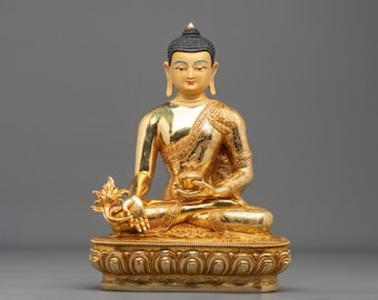 Medicine Buddha Copper Statue | 24K Gold Gilded Bhaisajyaguru of Healing and Compassion | Himalayan Buddhist Sacred Art