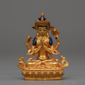 Four Armed Chenrezig Sculpture | Original Machine-Carved Vajrayana Buddhist Sculpture | Himalayan Buddhist Art | 24K Gold Gilded Figurine