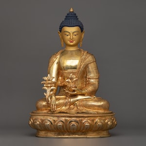 Himalayan Statue of Medicine Guru Bhaisajyaguru | Handcrafted Sculpture, 24k Gold Gilded and Copper Body | Buddha of Healing | Made in Nepal