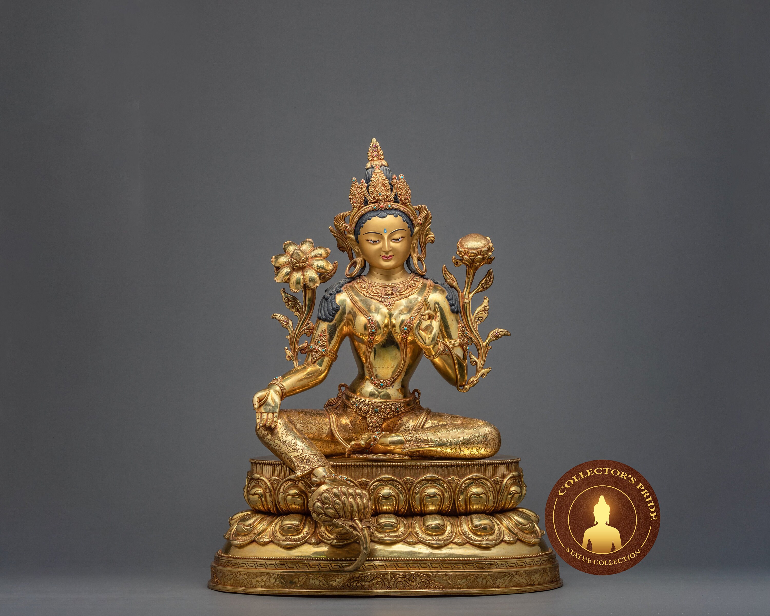 Green Tara Statue | Tibetan Drolma Goddess Of Compassion Buddhist Deity Large Sculpture Traditionally Hand Carved 24K Gold Gilded
