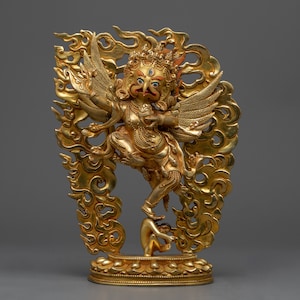 Garuda Sculpture | Traditional Himalayan Art of Nepal | Buddhism Eagle like Bird | Small 24k Gold Electroplated Garula Statue | Art of Nepal