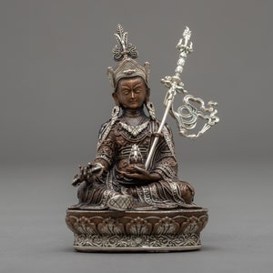 Small Guru Rinpoche Statue | Auspicious Guru Padmasambhava Sculpture | Traditionally Silver Painted with Hand | Himalayan Art of Nepal