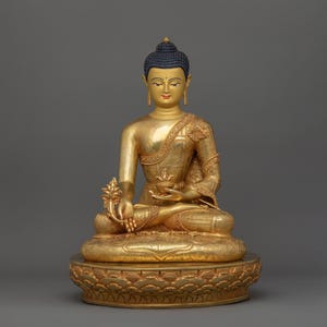 Himalayan Sculpture of Bhaisajyaguru Buddha | Handcrafted 24K Gold Gilded Statue | Buddha of Healing | Spiritual Dharma and Altar Decor