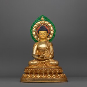 Handgefertigte Amitabha Buddha Statue mit Heiligenschein | 24K Gold Vergoldete Kupfer Skulptur | Hergestellt in Nepal | Symbol für Mitgefühl und unendliches Licht