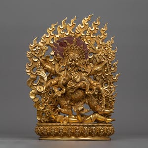 Wrathful Six-Armed Mahakala Sculpture for Shrine | 24K Gold Protector Handcrafted Himalayan Art and Craftmanship | Spiritual Dharma Gift