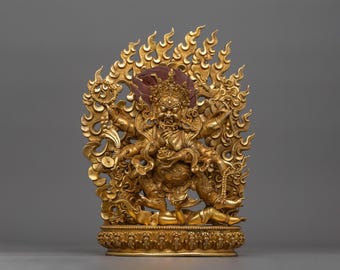Wrathful Six-Armed Mahakala Sculpture for Shrine | 24K Gold Protector Handcrafted Himalayan Art and Craftmanship | Spiritual Dharma Gift