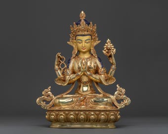 Tibetan Deity - Chenrezig Spiritual Statue | 24k Gold Gilded Figurine | Home Decor