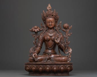 チベット女神像　銅製の仏像　42cm アンティーク　骨董 癒しの女神白ターラーの神聖な像｜チベット仏教の銅像｜平和と慈悲の