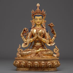 Chenrezig, the Divine Guardian of Love and Light in Tibetan Buddhism | Handcrafted Gold Gilded Statue with Intricate Himalayan Artistry
