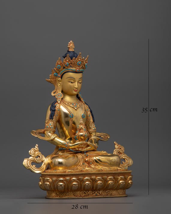 仏教美術 中国 チベット 古白銅 龍鳳凰獅子刻 仏像 チベットの無量寿仏の彫刻 | 24K金メッキ銅像 | 悟りと長寿のための