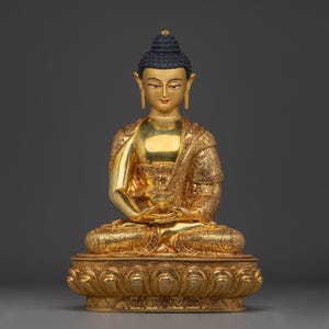 Handcrafted Serene Amitabha Buddha Golden Copper Statue | 24K Gold Gilded Tibetan Sculpture for Meditation, Altar Decor, Peaceful Artwork