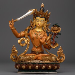 Manjushri, Wisdom Artwork | Gold-Gilded Tibetan Artwork | Figurine for Shrine, Altar, and Dharma Decor | Spiritual Sculpture Made In Nepal
