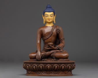 Shakyamuni Buddha with Gold-Painted Face | Oxidized Copper Buddhist Sculpture | Meditation Altar Decor and Handcrafted Art | Made In Nepal