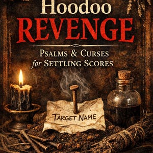 May include: Book cover for "Hoodoo Revenge" by Shaina Freeman. The image features a skull, burning candle, and a bottle. Text includes "Psalms & Curses for Settling Scores" and "Target Name."