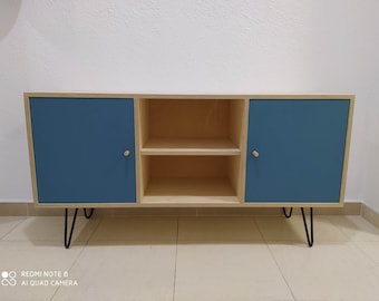 Aparador Credenza de mediados de siglo moderno hecho en madera contrachapada de abedul con puertas pintadas, patas de horquilla de metal