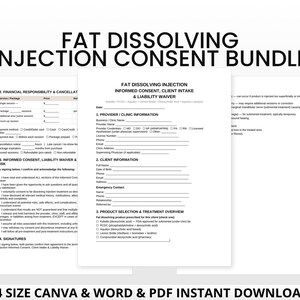 Pode incluir: Um pacote de documentos para consentimento de inje&ccedil;&atilde;o de dissolu&ccedil;&atilde;o de gordura, admiss&atilde;o do cliente e ren&uacute;ncia de responsabilidade. Os documentos est&atilde;o dispon&iacute;veis nos formatos Canva, PDF e DOC. O pacote inclui 10 p&aacute;ginas.