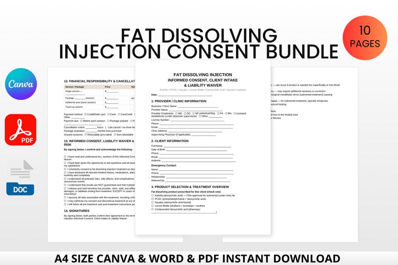 Pode incluir: Um pacote de documentos para consentimento de inje&ccedil;&atilde;o de dissolu&ccedil;&atilde;o de gordura, admiss&atilde;o do cliente e ren&uacute;ncia de responsabilidade. Os documentos est&atilde;o dispon&iacute;veis nos formatos Canva, PDF e DOC. O pacote inclui 10 p&aacute;ginas.