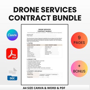 Op de afbeelding: Een digitale downloadbundel voor drone servicecontracten. De afbeelding toont een contract sjabloon met secties voor partijen, projecttype en eigendomsdetails. Inclusief Canva-, PDF- en DOC-formaten, met 9 pagina's en een bonus.